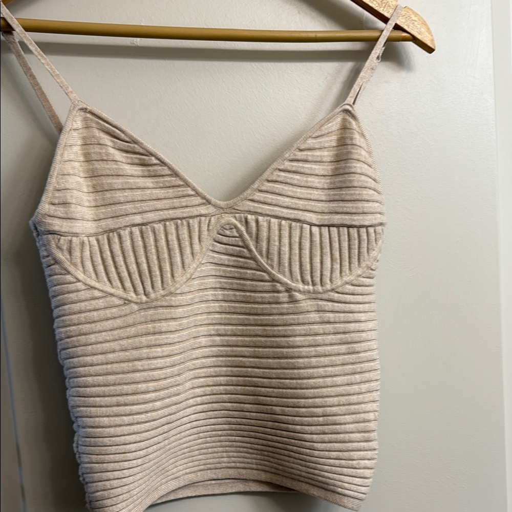 Women's Beige Ribbed Knit Top